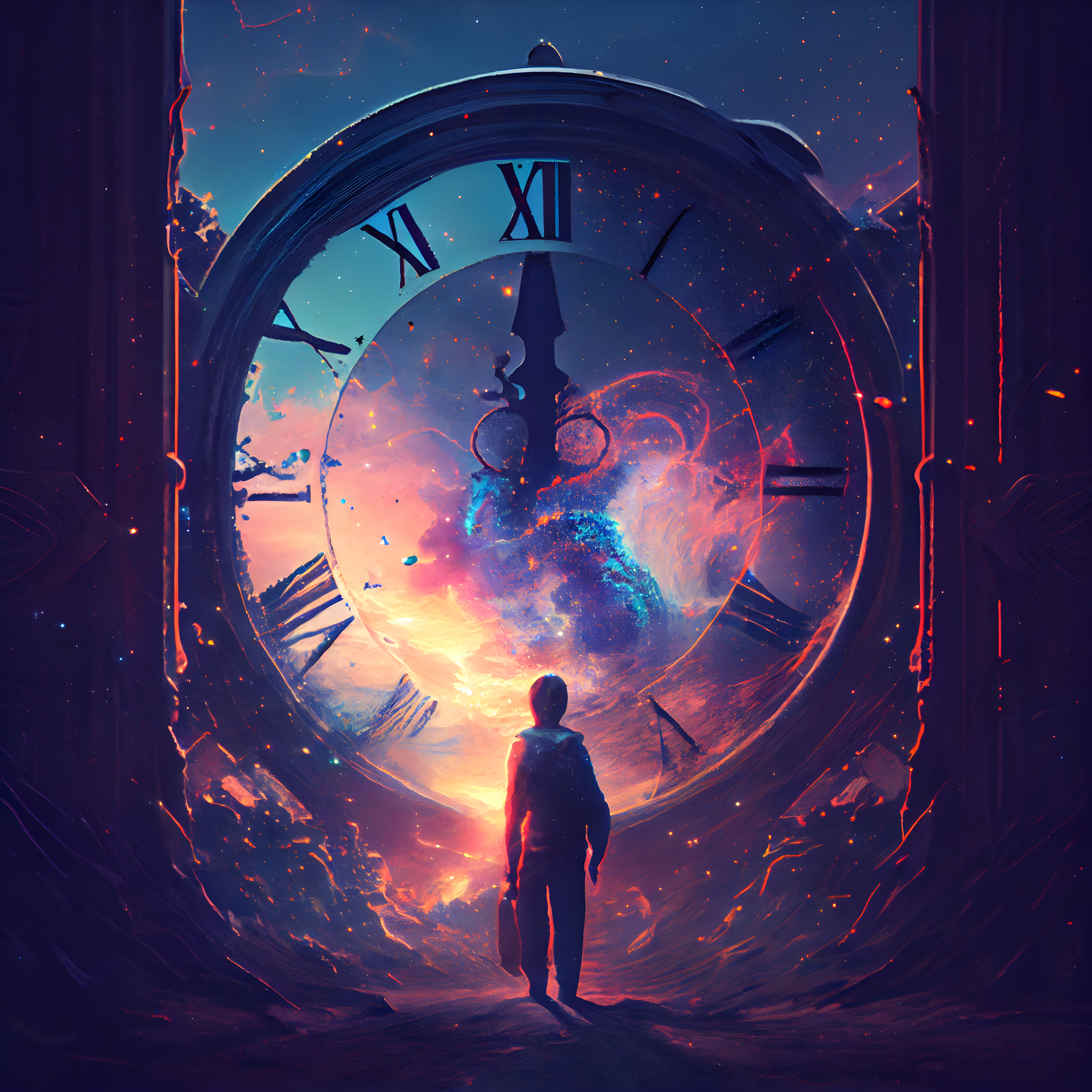 Man standing in front of the clock. Time is running out concept